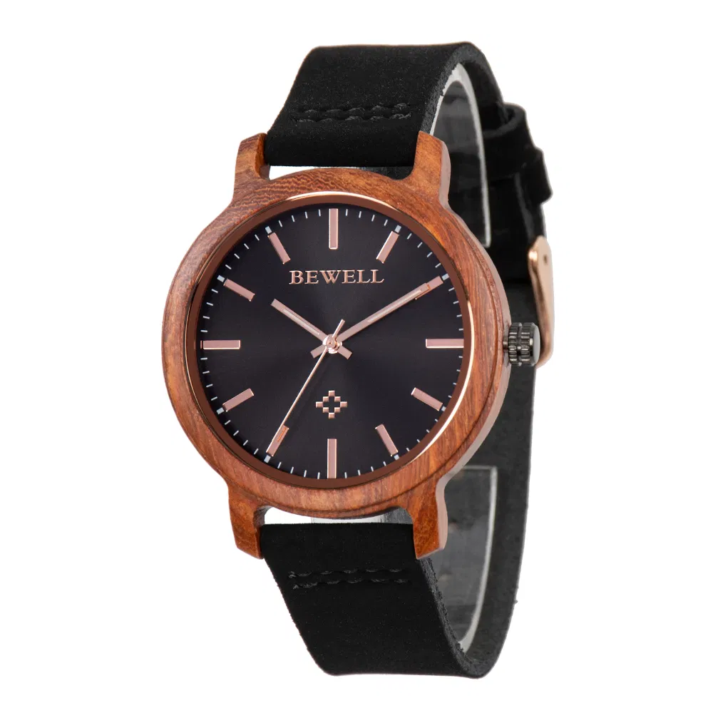Bewell Fashion Casual Gift Black Sandalwood Genuine Leather Wrist Wood Watch