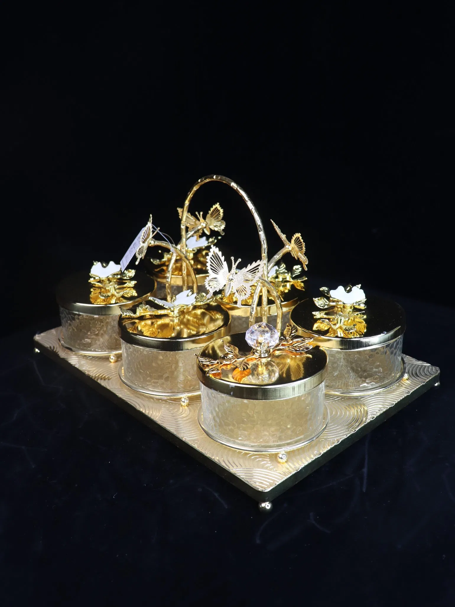Elegant Butterfly Pattern Set of 6 Fruit Bowls, Gold-Plated Iron Frame
