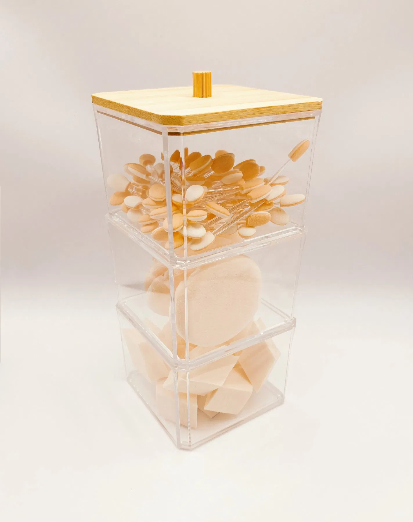 Cosmetic Powder Puffs Collection Storage Set 3 Stackable Box with Bamboo Lid