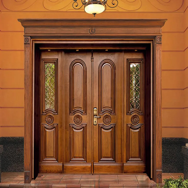 Top Quality Wooden Door House Villa Exterior Double Engrave Wooden Doors Custom Made Solid Wood Main Front Entry Door Design