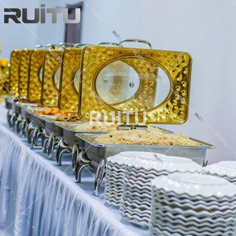 Chaffing Dishes Supplier Oblong Hydraulic Glass Window Stainless Steel Luxury Golden Hammered Kitchenware Hotel Dual Restaurant Buffet Stove Serving Utensils
