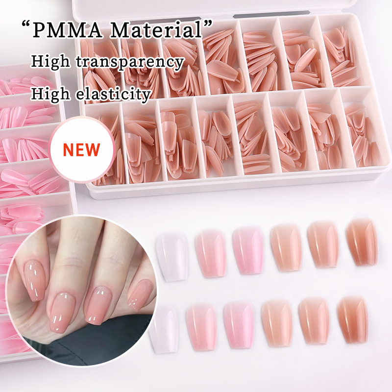 Nail Supplier Acrylic Acrylic Gradient Light Pink Short Coffin Fake Nail Tips for Beauty
