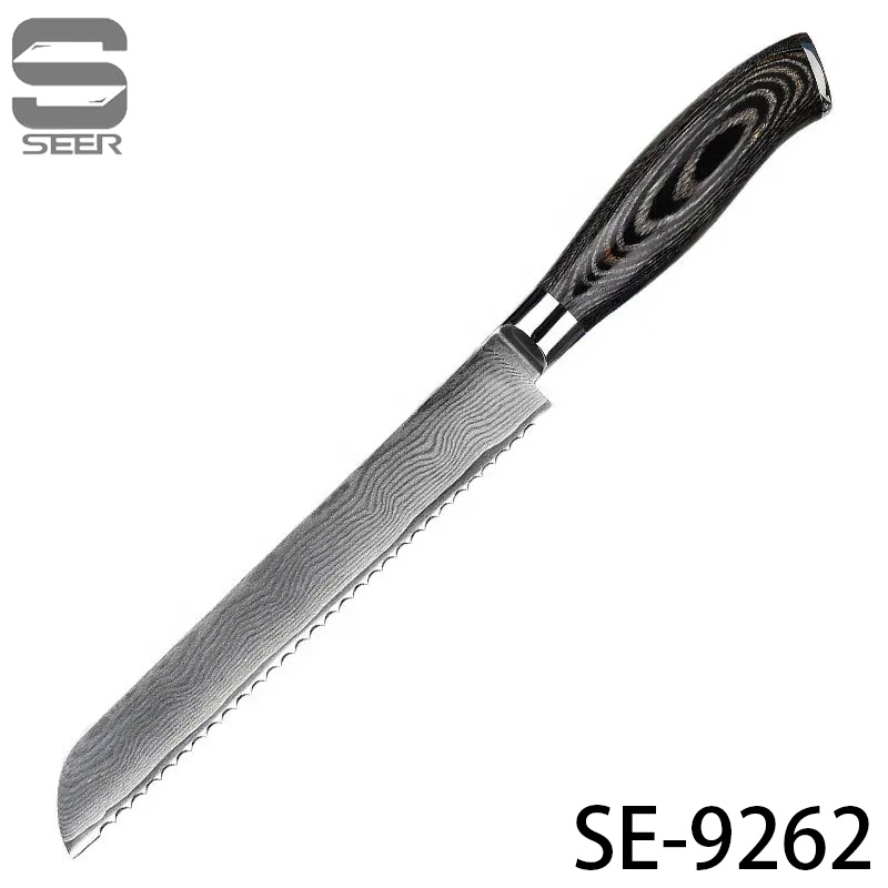 Japanese Damascus Knife High Quality 8 Inch Serrated Bread Knife 67 Layer Damascus Steel with Pakka Wood or G10 Forged Handle
