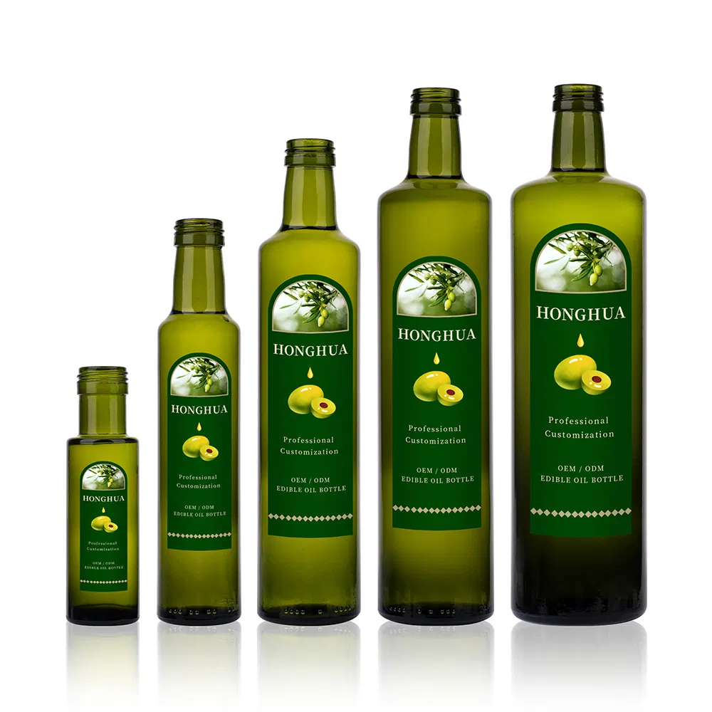 Wholesale Luxury Olive Oil Bottles Empty Round Green Food Grade Glass Cooking Dispenser Bottle with Lids