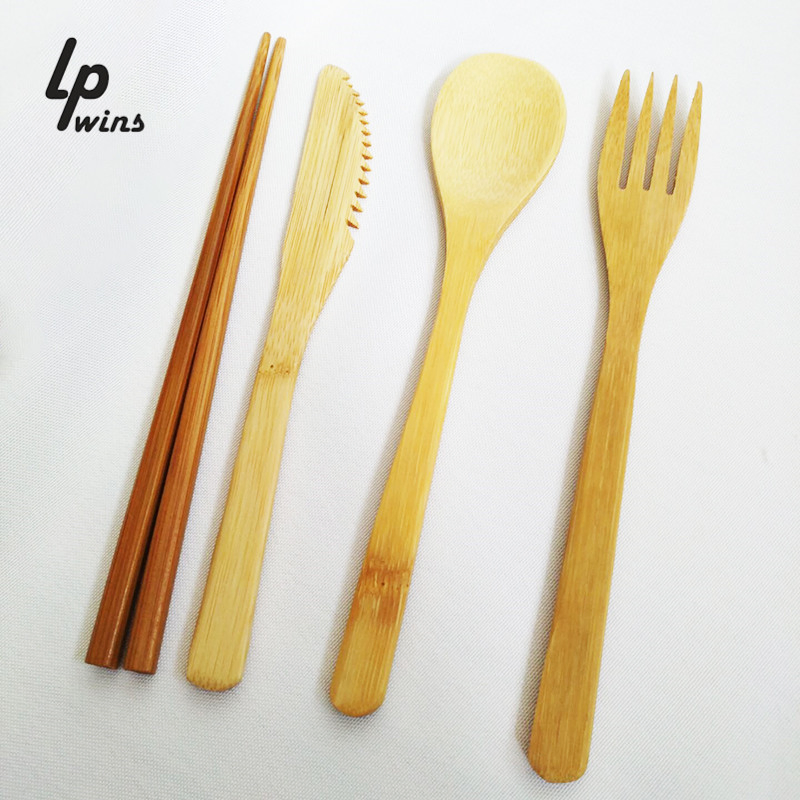 Wholesale Customized Eco-Friendly Home Gift Wooden Bamboo Knife Spoon Chopsticks Tableware with Storage Pouch