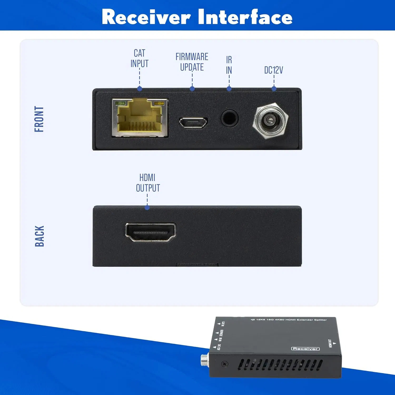 HDMI 2.0 4K Extender Splitter Over Single Cable CAT6 with Poc up to 196 FT 1-in 8-out W/Local Loop Output & Low Latency