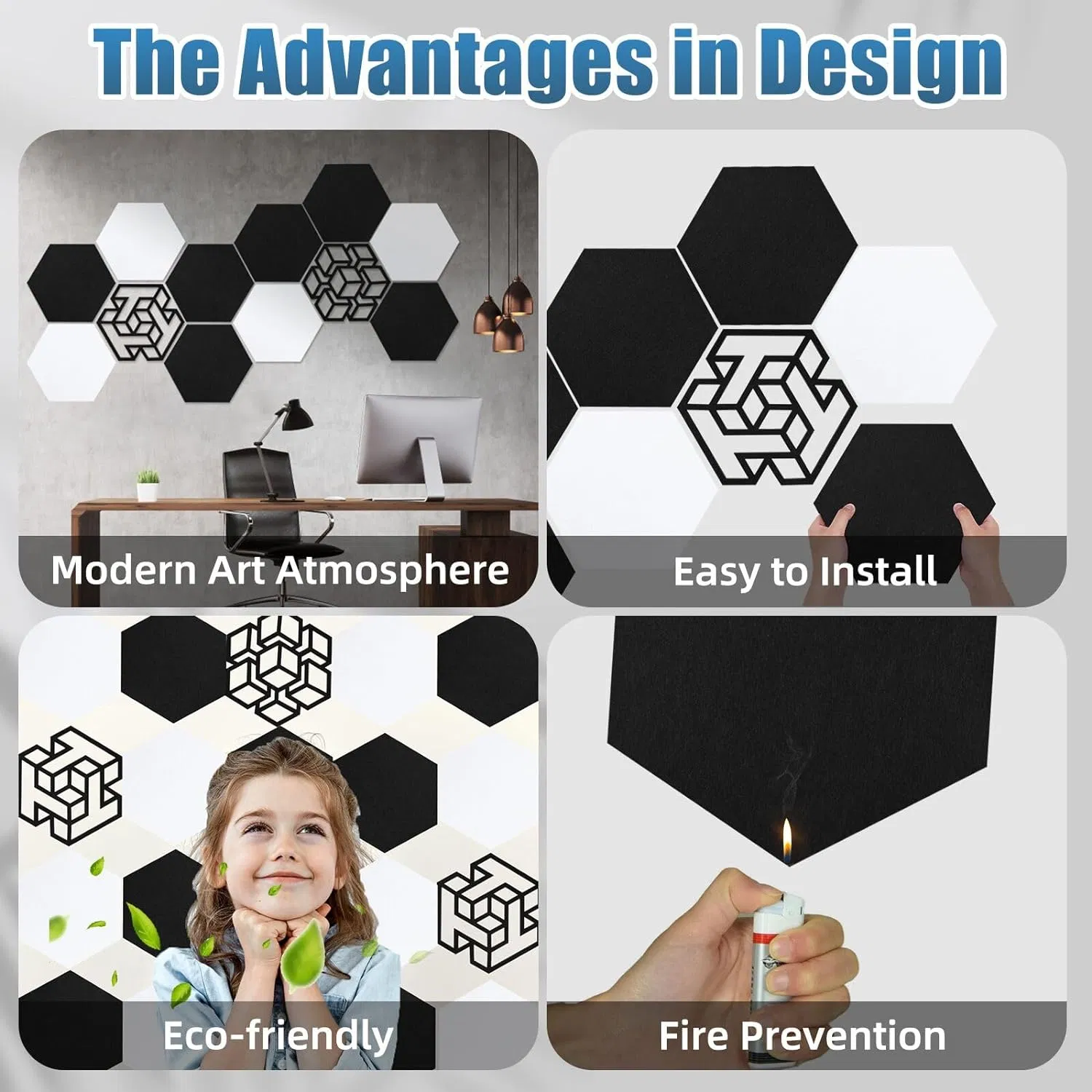 Noise Reduction Coefficient 0.9 Flame Resistant 12 Pack Self-Adhesive Hexagonal Acoustic Panels for Recording Studio Home Offices