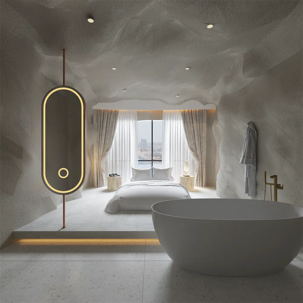 Hotel Furniture Stainless Steel Framed Illuminated Mirror Rotated Dressing Makeup Mirror with Magnifying Glass