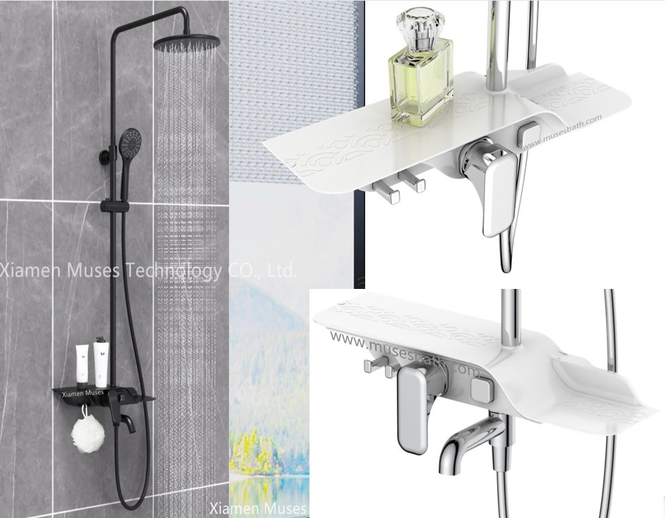 3 Way Matt Black Bar Shower Bathroom Shower Faucet Shower Column Shower Mixer Shower Enclosure with Shelf, Rain Shower, Hand Shower, Bathtub, Hook, Holder