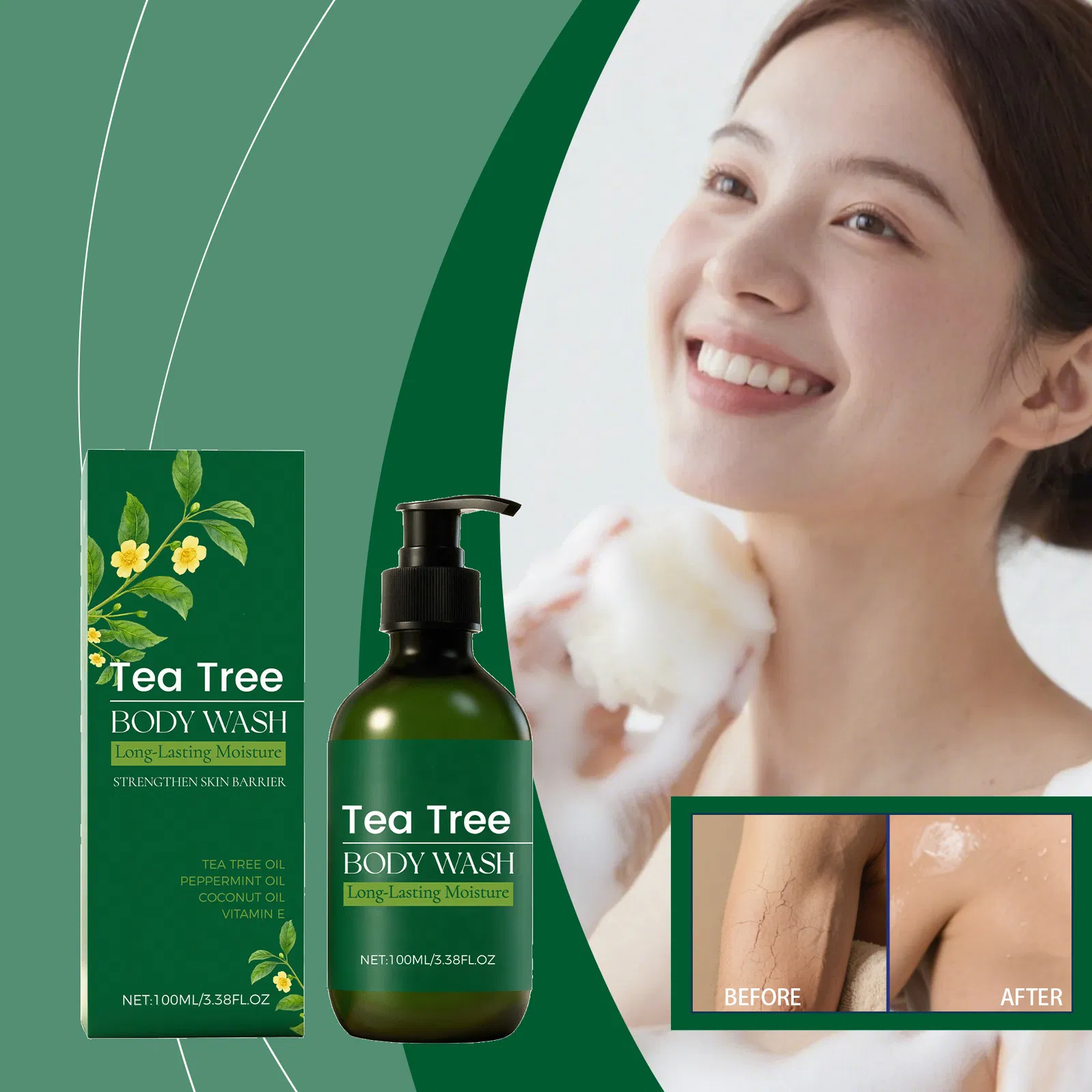 Tea Tree Body Wash Liquid Fragrance Shower Gel Natural Body Wash Whitening Shower Gel for All Skin Types