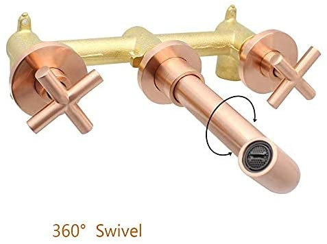 Luxury Solid Brass Bathroom Wall Faucet Widespread for Sink 3 Hole, 2 Cross Handles with Mixing Valve, Nickel Rose Gold