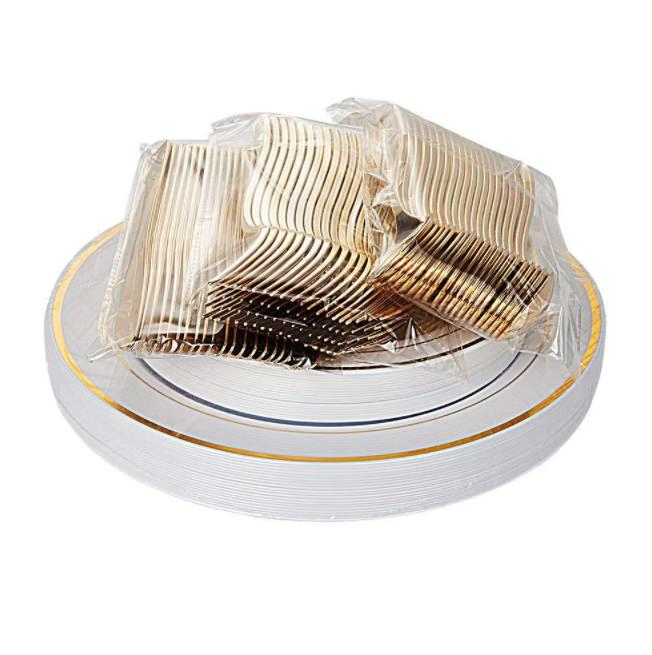 125PCS Food Grade Gold Rim Disposable Dinnerware Party Plastic Plate