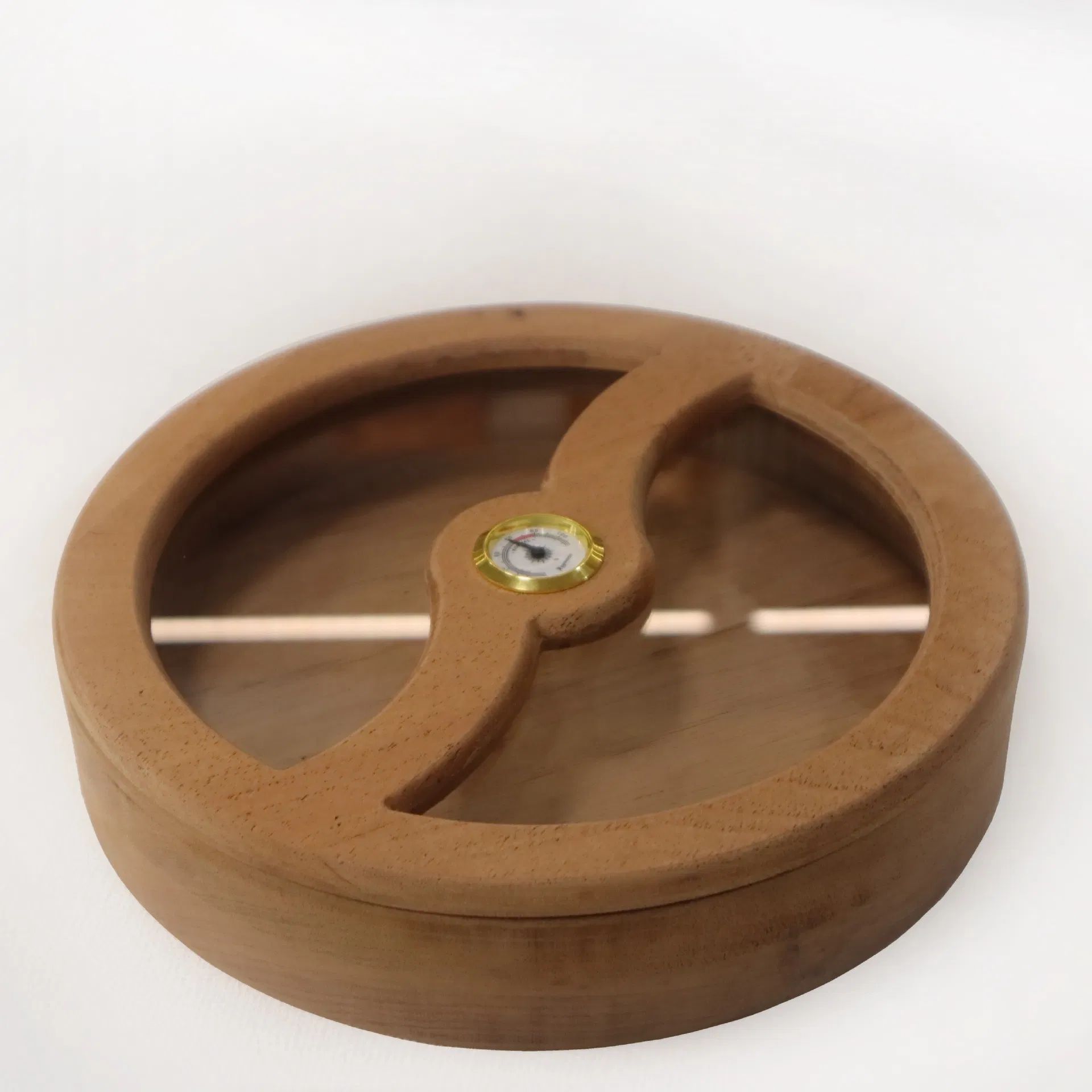 Natural Beech Wood Round Household Cigar Humidor with Glass Window
