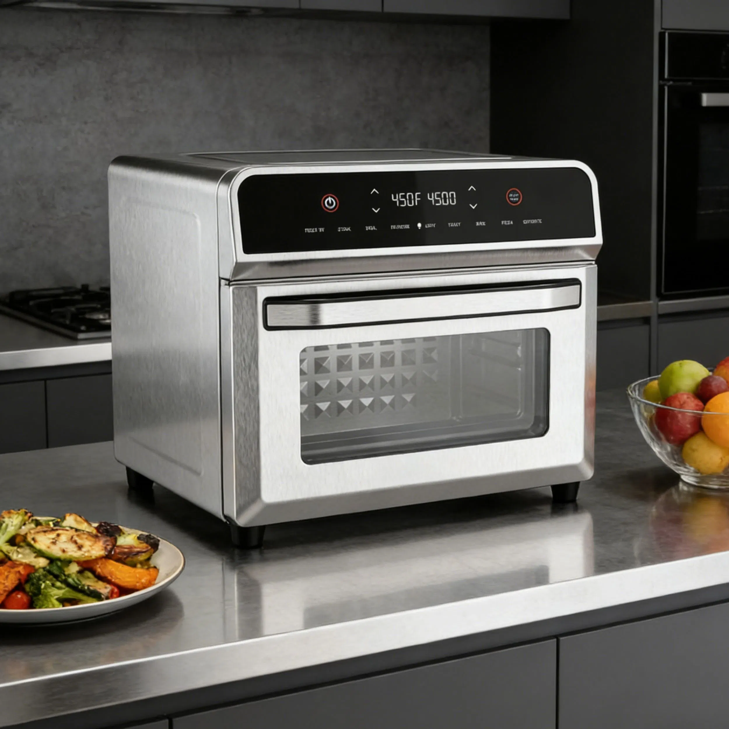 Longbank Factory Price 24L Square Stainless Steel Digita PTFE Non-Stick Healthy Air Fryer Toaster Oven 1700W
