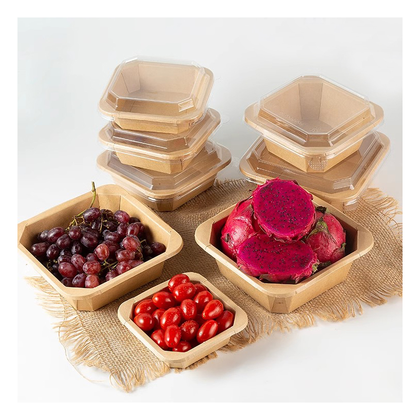Disposable Oil Resistant Rectangle Octagon Bar Restaurant Food Display Kraft Containers with Transparent Lid Square Rice Fruit Salad Takeaway Paper Bowl