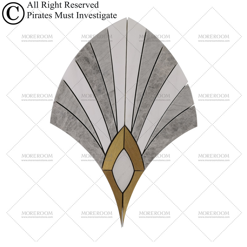 Мозаика из белого камня с латунной инкрустацией Waterjet