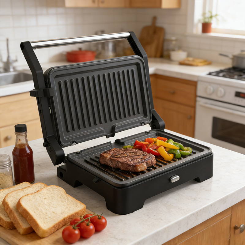 Hot Selling Electric Contact Grill Panini Press Grill with Removable Grill & Waffle Plate