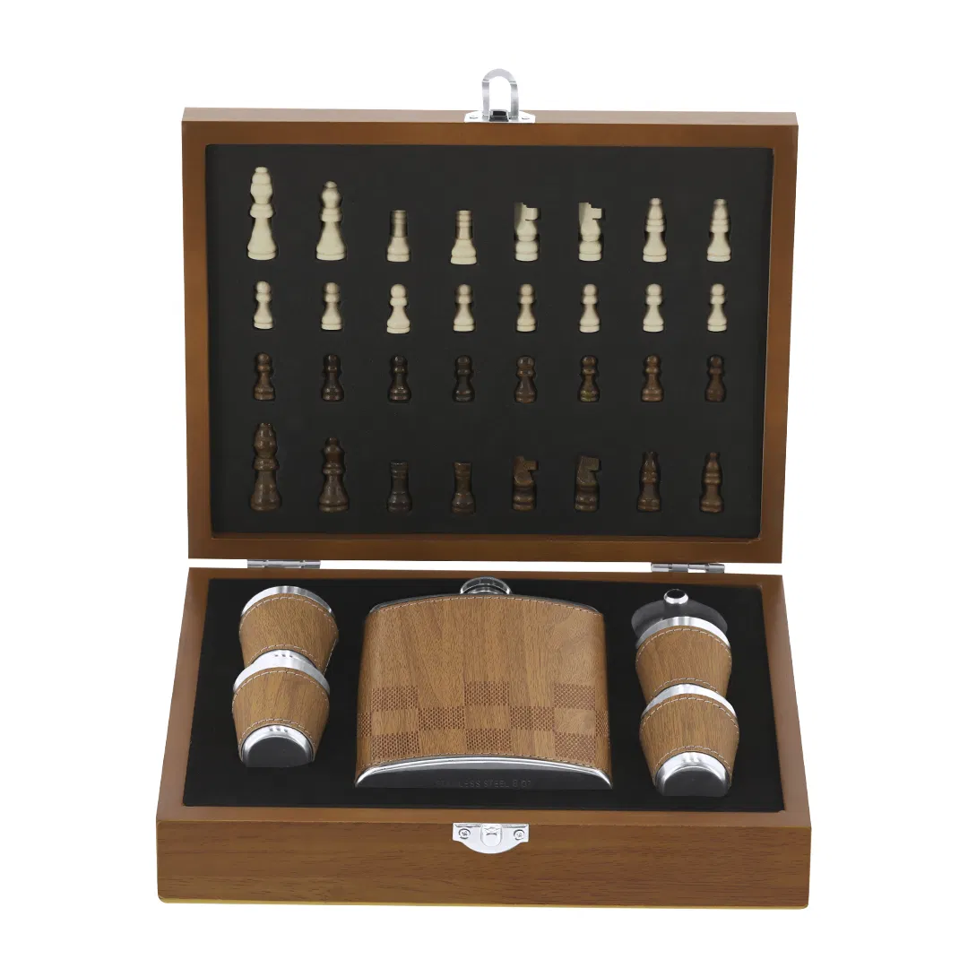 Portable Travel Wooden Chess Set with Whiskey Hip Flask Set Gift Box