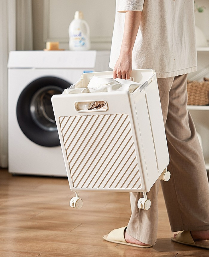 Foldable Laundry Cart with Wheels, Handle, and Lid for Bedroom Use Mi30568