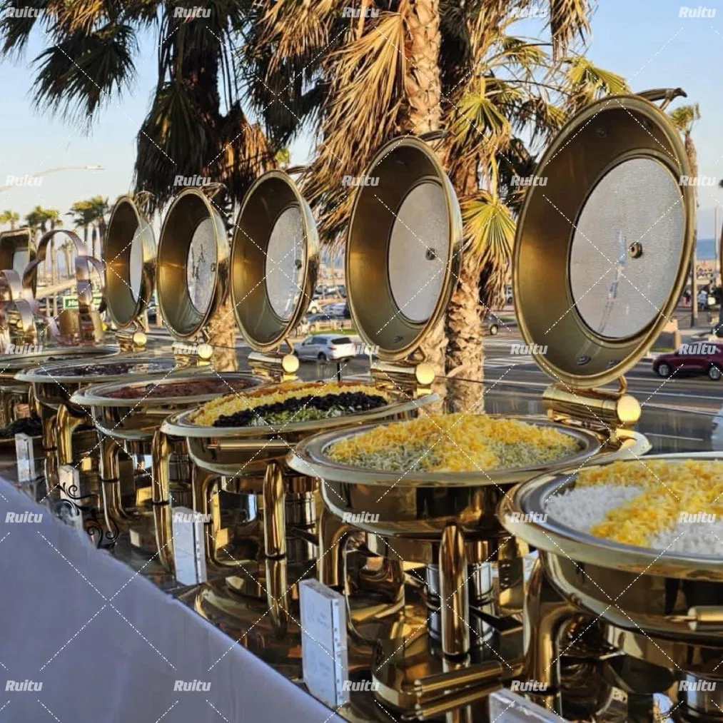 Catering Kitchenware Set Hot Pot Chafer Dishes Buffet Set Chafing Dishes Buffet Stove Food Buffet Display Warmer Hydraulic Rectangular 9L Gold Chafing Dish