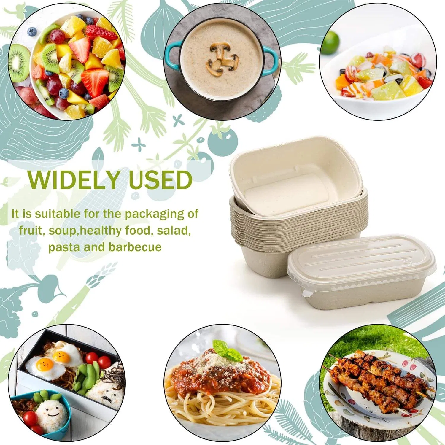 Biodegradable Disposable Bagasse Pulp Square Container for Food Packaging and Delivery