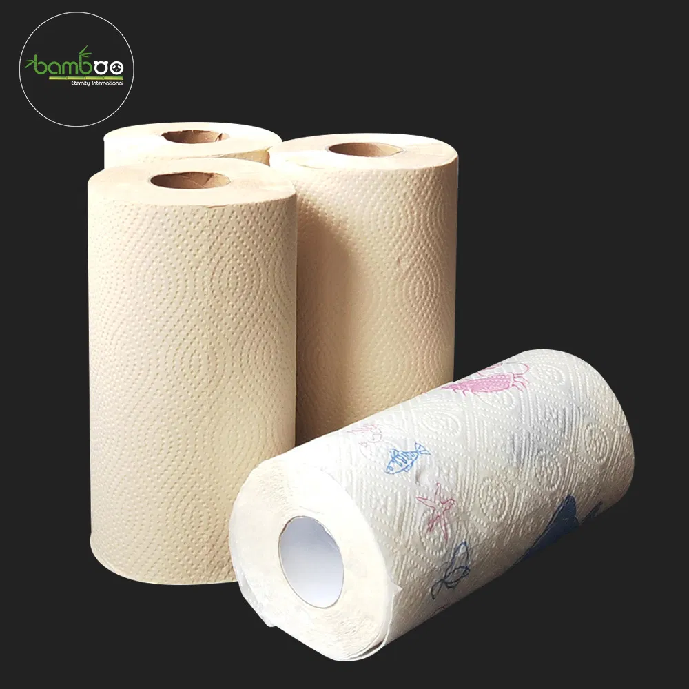 White/Unbleached Bamboo Pulp Customized Logo Highly Absorbent Kitchen Paper Towel Roll