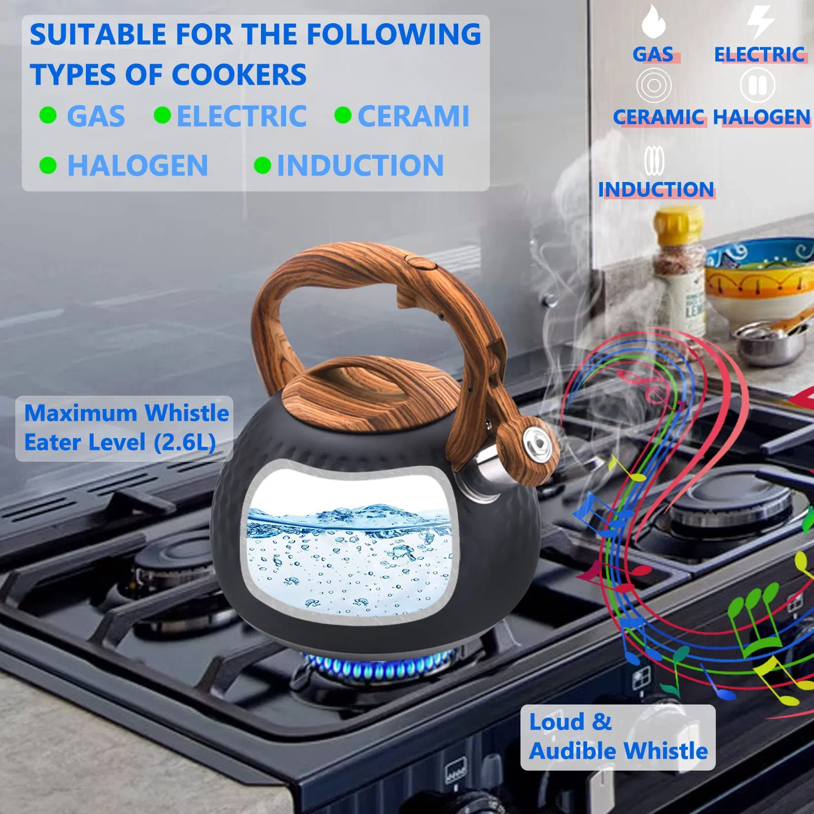 Wholesale 3.2 Quart Tea Stainless Steel Whistling Stovetop Teapot Wood Handle Kettle