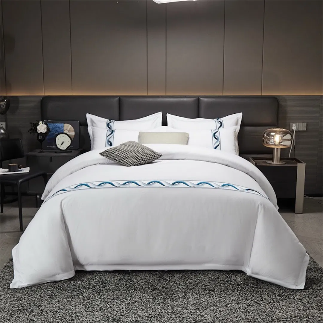 Wholesale OEM/ODM High Quality Home Textile Quilt Cover Bed Sheets Webbing Embroidery Duvet Cover Pure Cotton Bedroom Bed Set Guangdong Hotel White Bedding Set