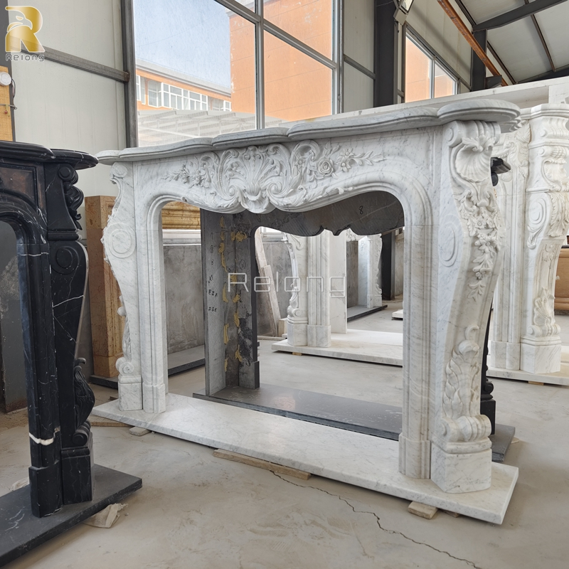 Interior Home Ornate Pure White Marble Fireplace Surround