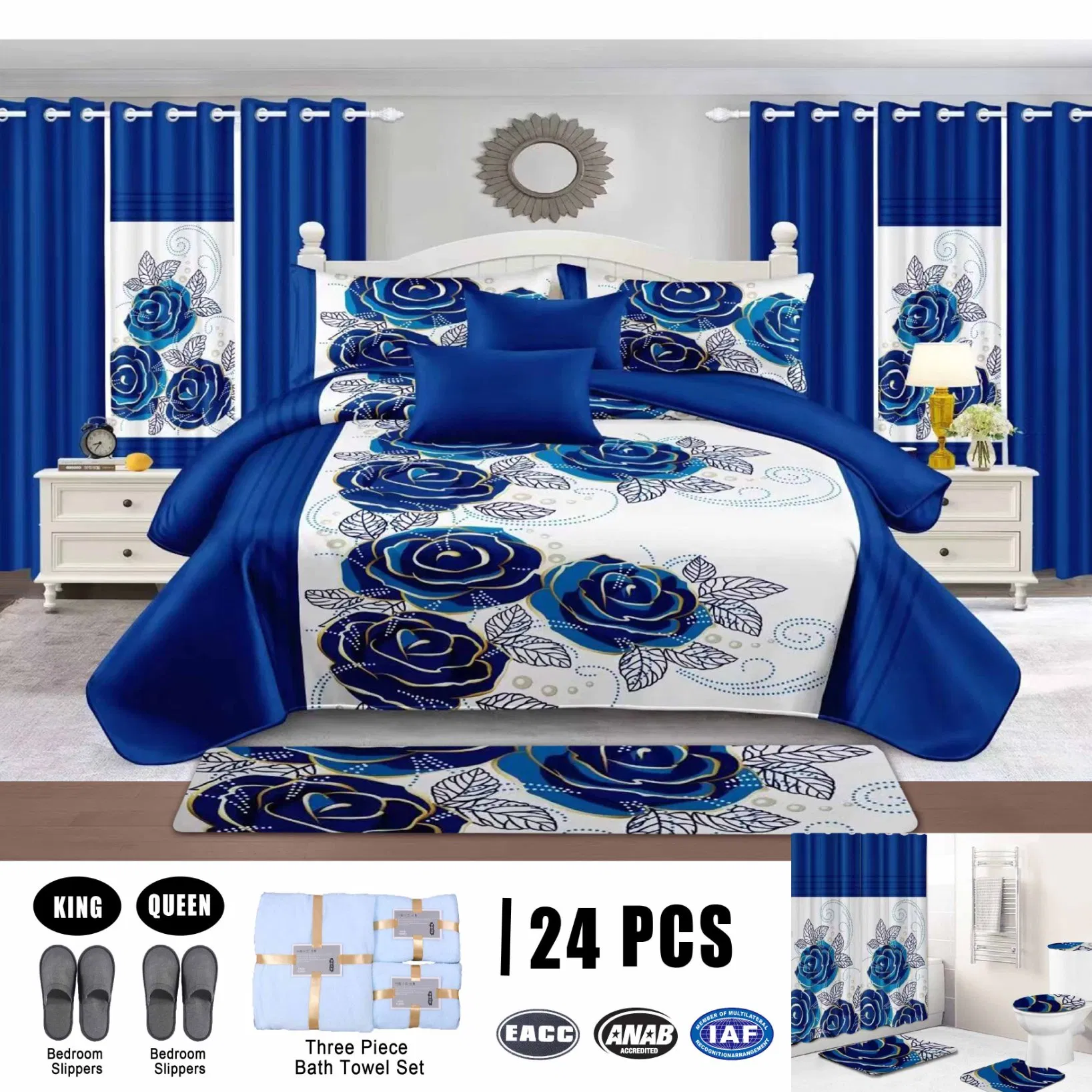 24 PCS Microfiber Polyester Bedding Set Deep Blue Printing Quilted Bedcover High Quality Comforter Duvet Bed Cover Twin Full Home Quilts Bedspread Wholesale