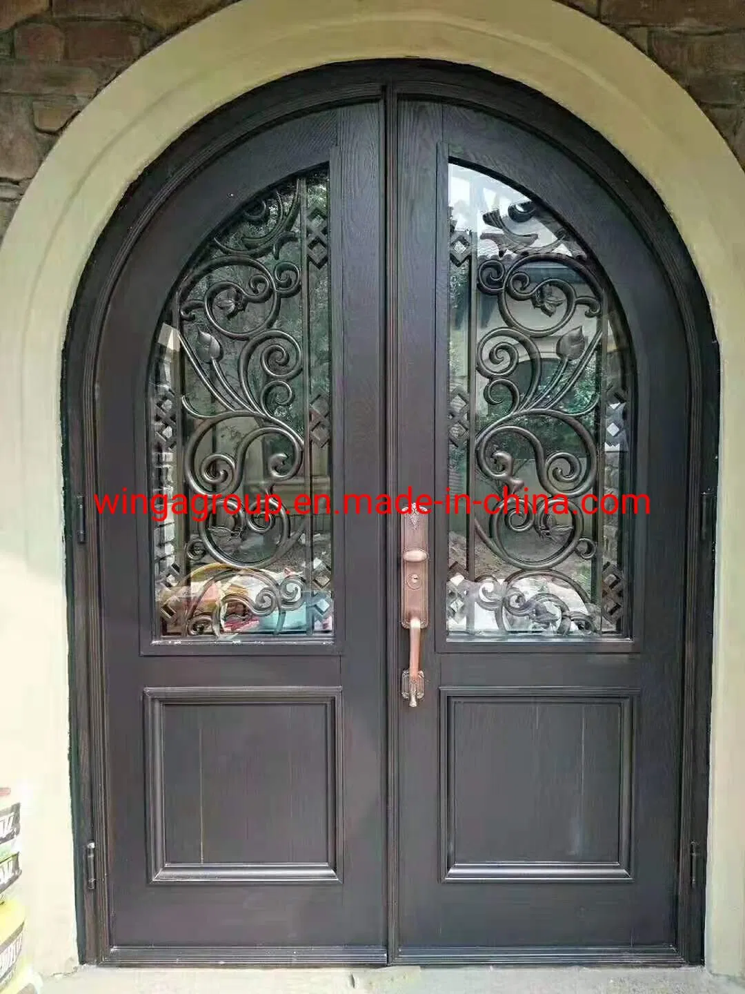 Black Colour Wrought Iron Security Steel Glass Metal Single and Double Entry Front Entrance Door