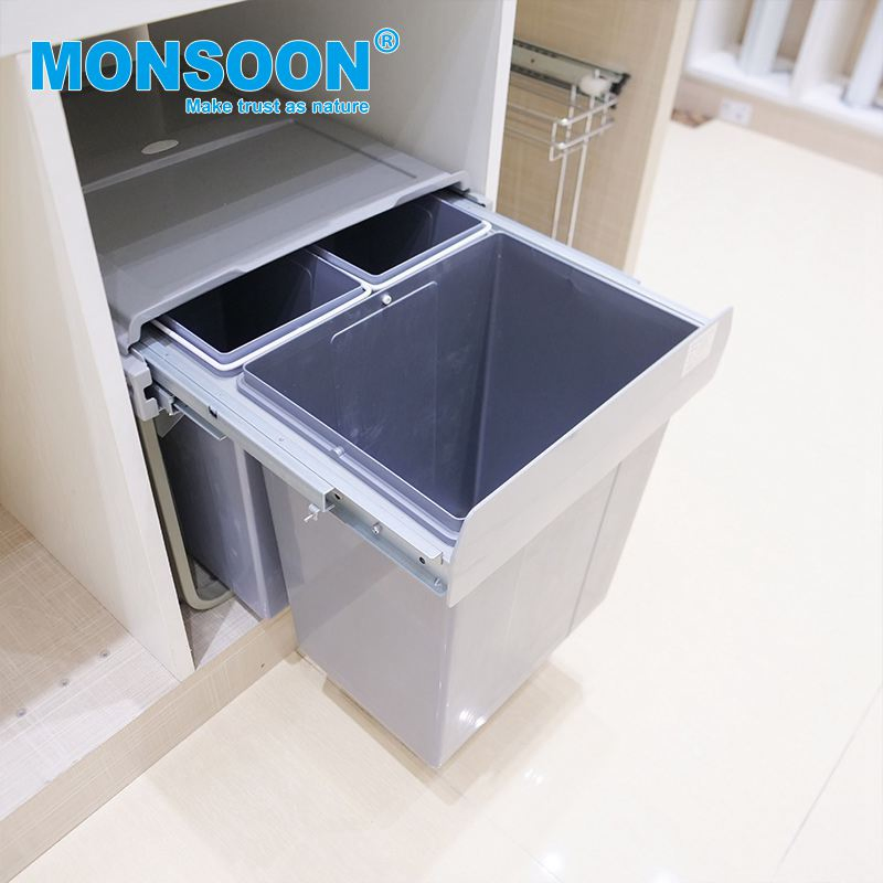 Kitchen Home Cleaning Tools Plastic Dustbin Indoor Three Square Waste Container Under Mount Cabinet Pull-out Garbage Trash Bin
