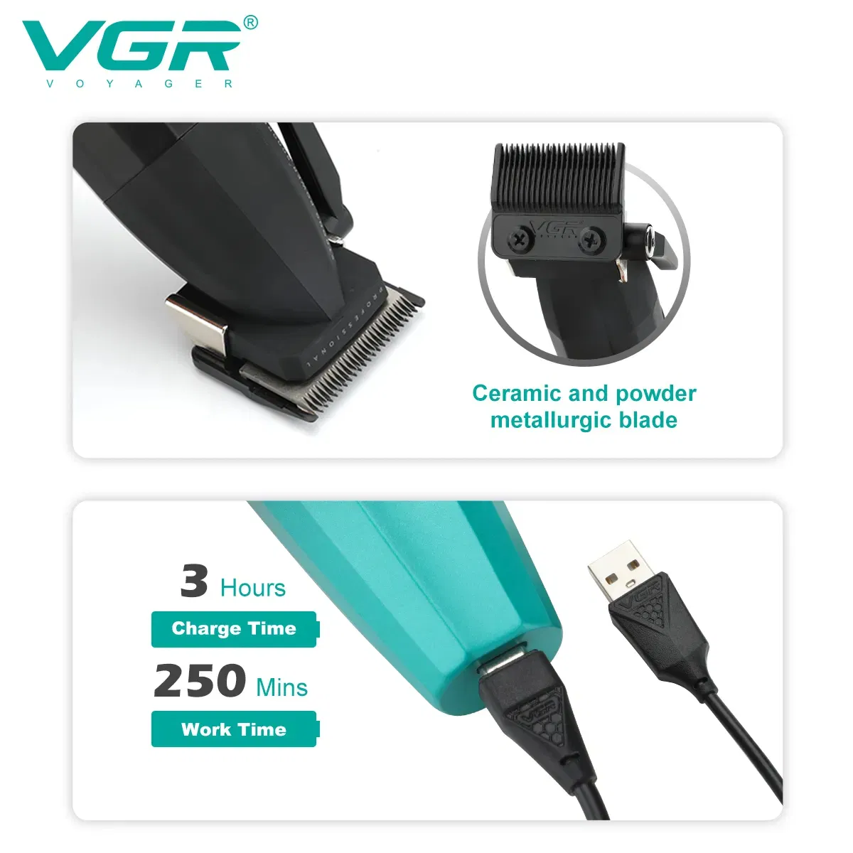 Vgr V-003 9000rpm Metal Salon Barber Clippers Rechargeable Professional Hair Clipper for Men