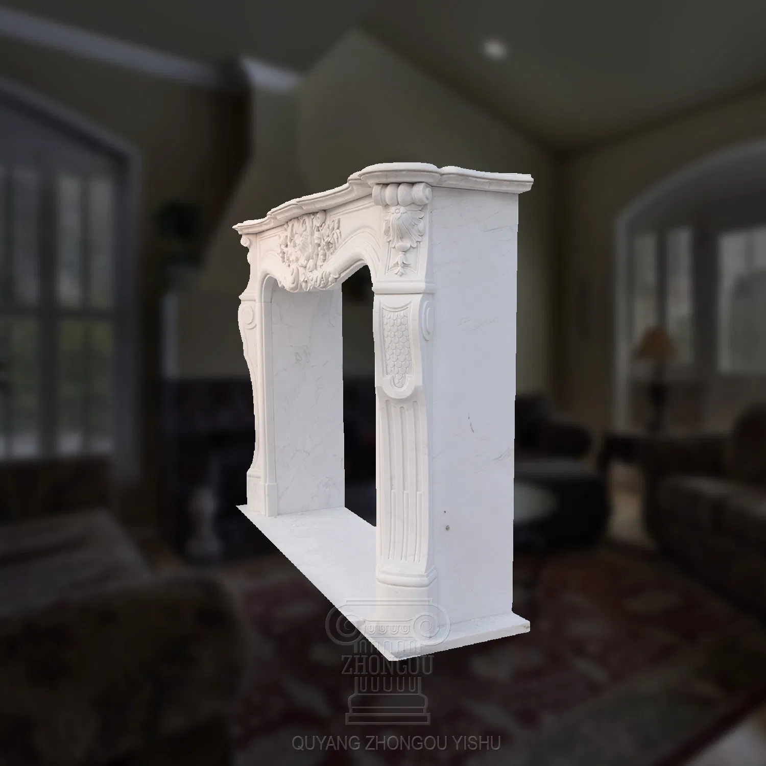 Carved White Marble Fireplace with Patterns for Indoor Room Decoration