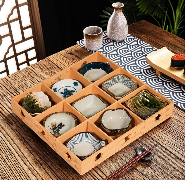9 Grids Box Japanese Omakase Chinese Hot Pot Sauce Dishes Dessert Plate Platter Wood Grin ABS Resin