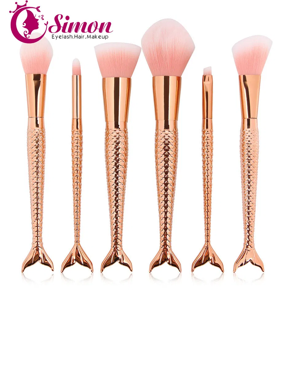 6PCS Per Set Mermaid Makeup Brush Rose Rainbow Color Mermaid Brush with Beauty Pouch