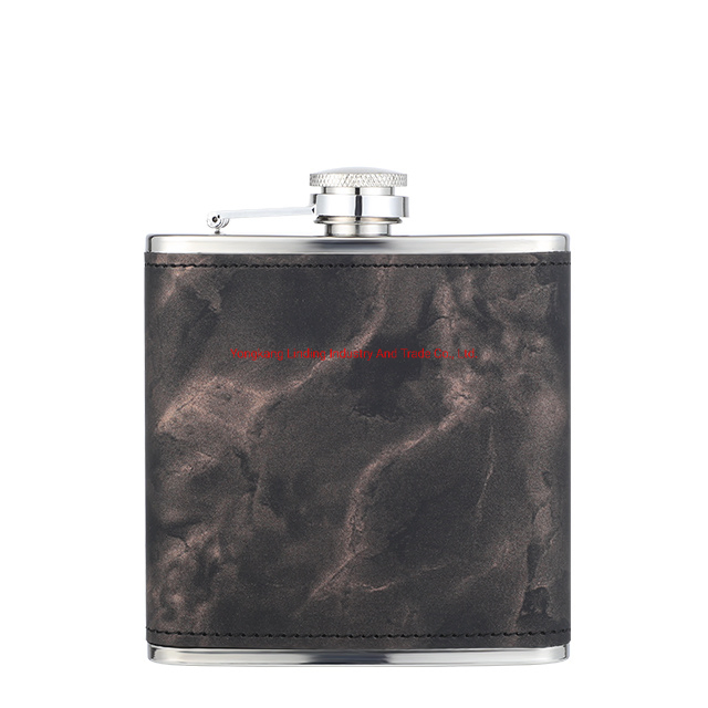 6oz Stainless Steel Dark Marble Leather Hip Flask
