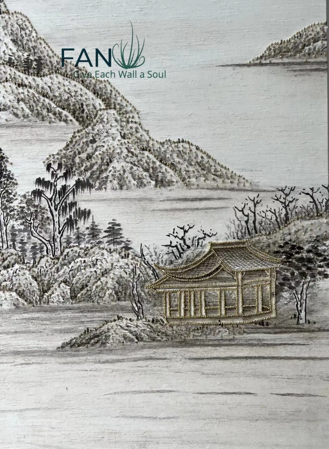Zhenling Hand-Embroidered Bead-Embellished Landscape Painting Wallpaper for Interior Decoration