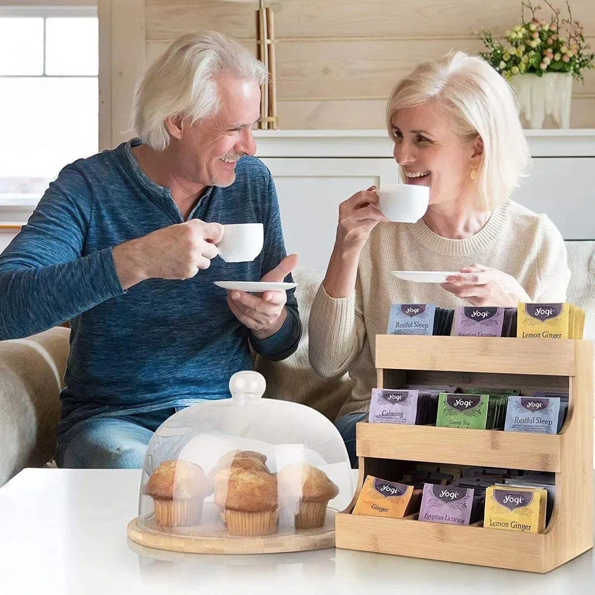 Elegant Multi-Functional Bamboo Multi-Layer Household Desktop Storage Tea and Coffee Bags Shelf