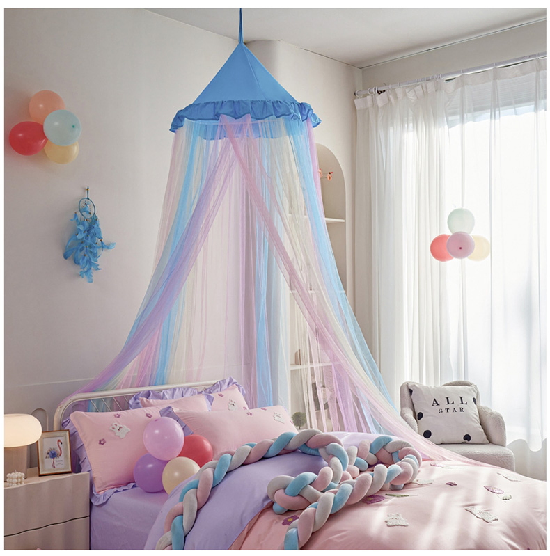 Rainbow Bed Canopy for Girls Dreamy Mosquito Net for Bed Round Dome Princess Bed Canopy Girl Room Play Tent Kids Canopy Bed Netting Curtains Blue