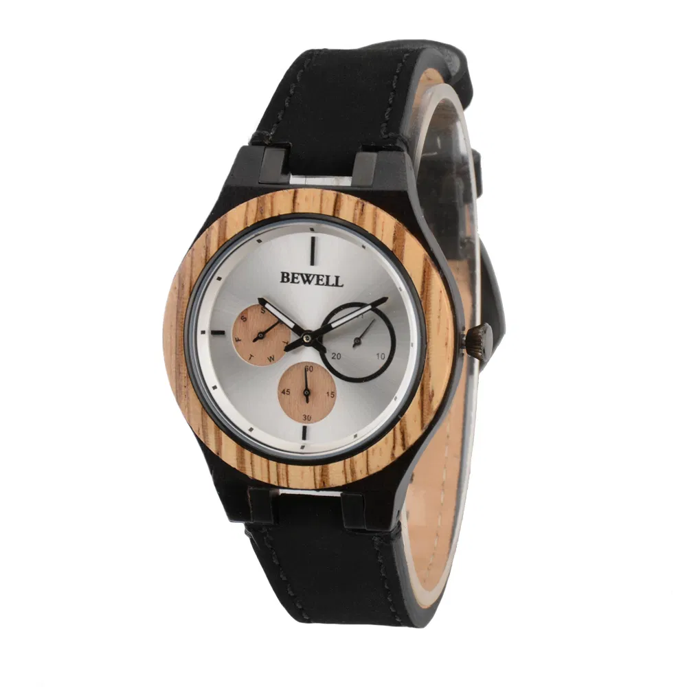 Executive Customized Wooden Watch Leather Strap Japan Movt Men Chronograph Timepiece Custom Logo Wrist Watch Quartz Relojes