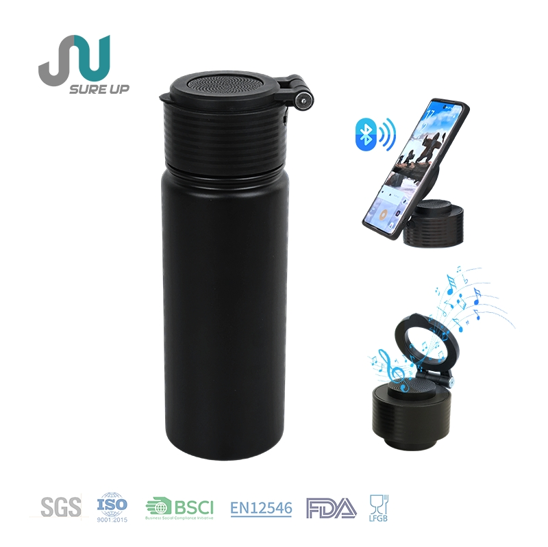 Stainless Steel Vacuum Flask with Bluetooth Speaker and Mobile Phone Holder