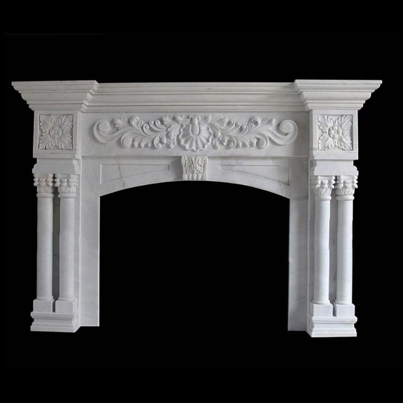 Large Decorative White Marble Fireplace Frame with Relief of Vase and Flowers