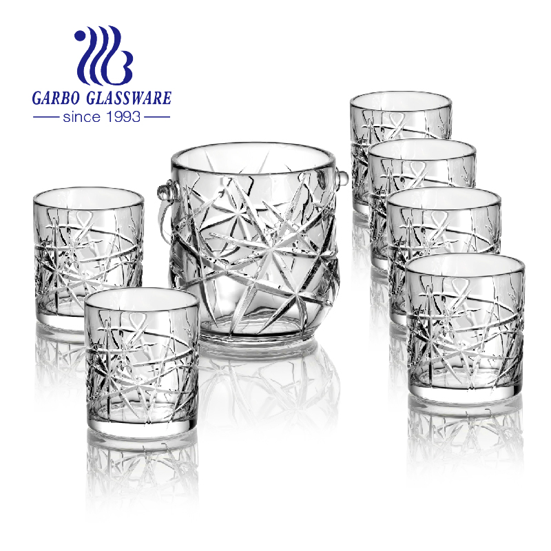 Stock Engraved Glass Ice Bucket with Metal Handle Clip Whisky Cups Sets with Ice Stone Drinking Glassware Buckets Sets