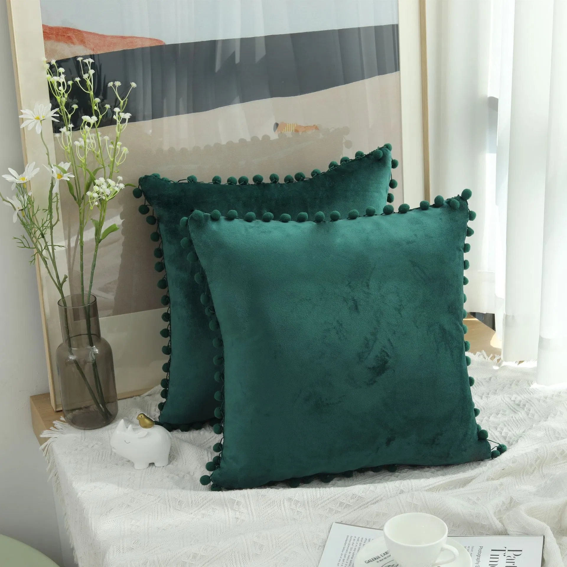 White Spring Boho Decorative Pillow Covers with POM-Poms Pillow Covers