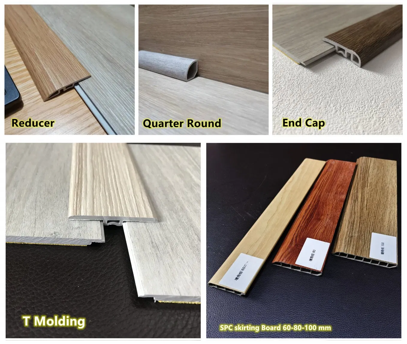PVC Skirting Board Spc Quarter Round/ Reducer/ End Cap/ T Molding Flooring Accessories