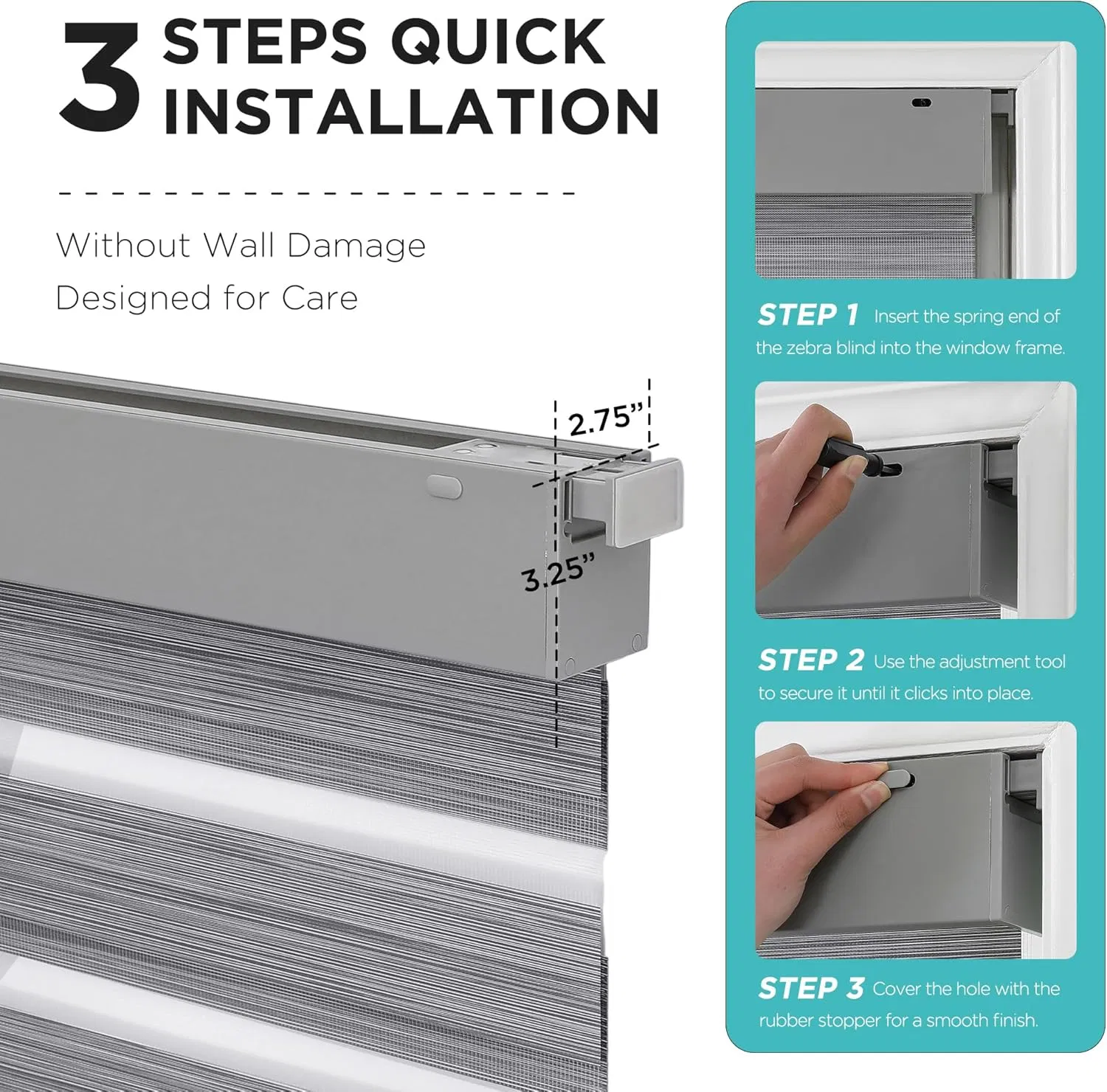 No Drill Not Zebra Blind, Manual Control for Indoor Blind Cordless Zebra Blinds