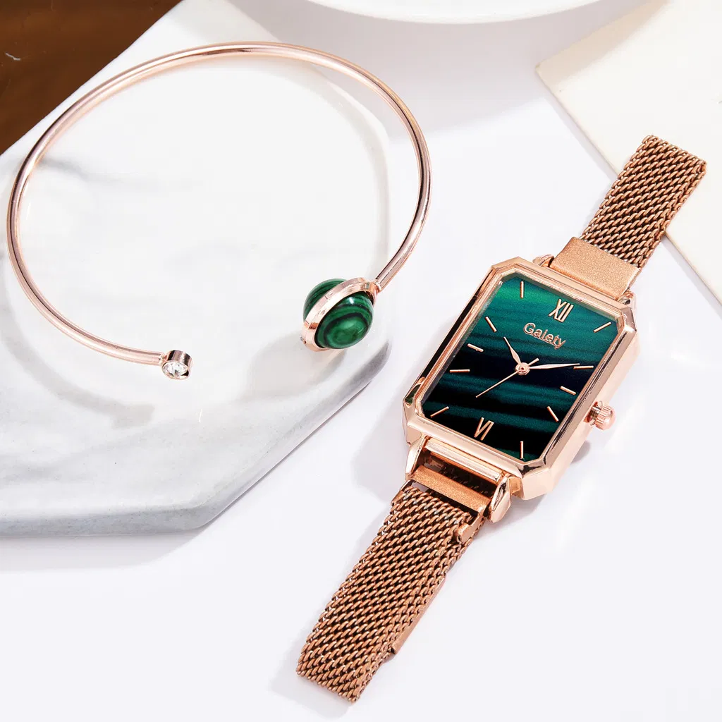 Brand Women Watches Fashion Square Ladies Quartz Watch Bracelet Set Green Dial Simple Rose Gold Mesh Luxury Women Watches