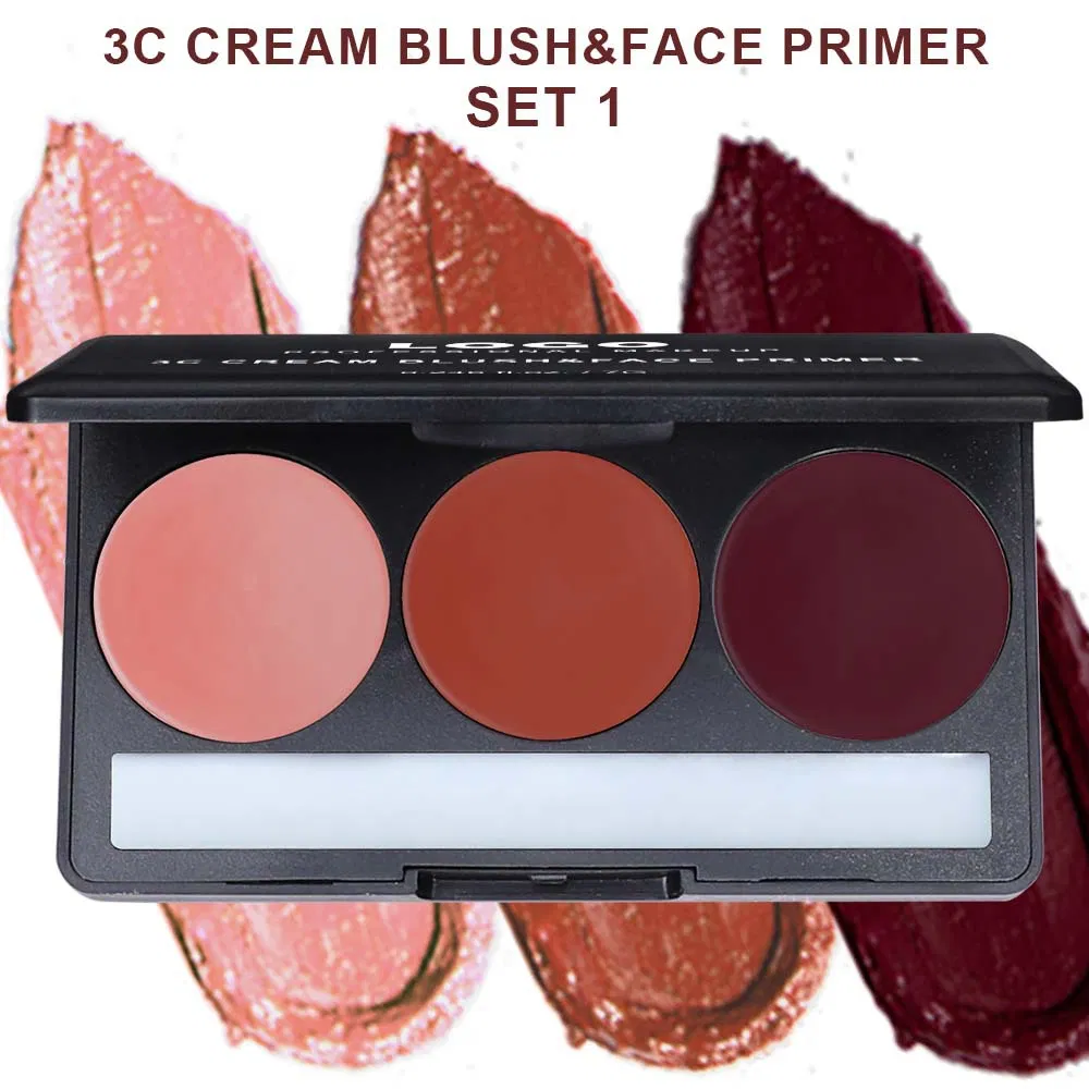 3 Color Blush Palette with Face Primer No Logo Natural Vegan Organic Makeup Matte Waterproof Cream Blush Palette