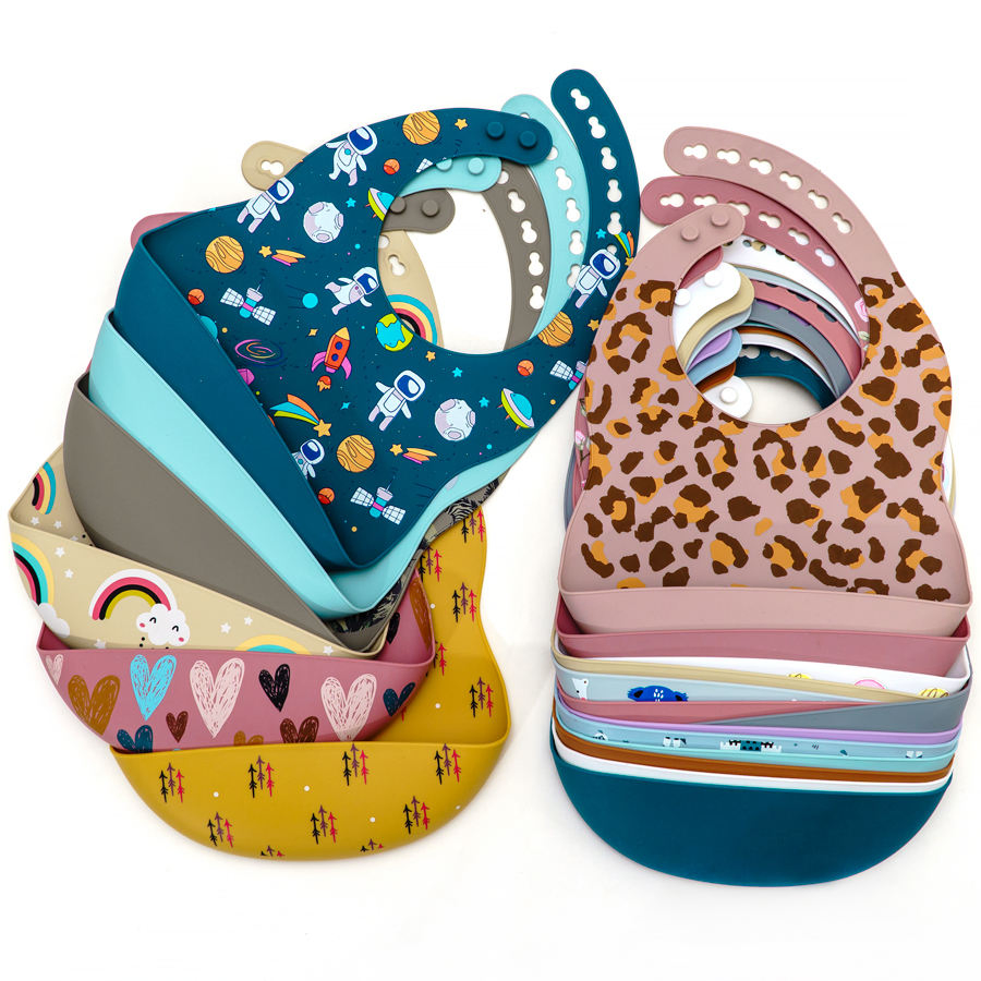 New Baby Item Product Wholesale Printing Silicone Feeding Bibs